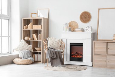 Kitaplığı, şöminesi ve koltuğu olan oturma odası.