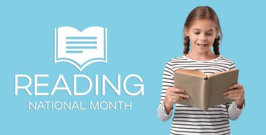 Ulusal Okuma Ayı Afişi. Küçük kız kitap okuyor.