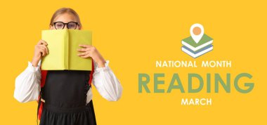 Ulusal Okuma Ayı Afişi. Kitaplı küçük bir kız öğrenci.