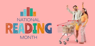Alışveriş arabası ve kitaplarıyla mutlu çiftle Ulusal Okuma Ayı Afişi