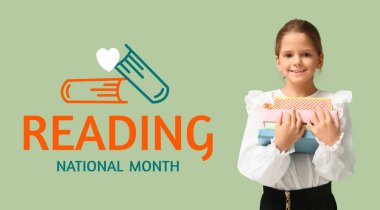 Ulusal Okuma Ayı afişi. Elinde kitap tutan küçük bir kız öğrenci var.