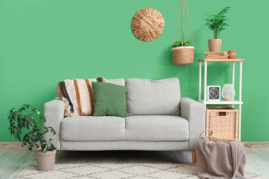 Kanepesi ve çiçekleri olan modern bir oturma odası.