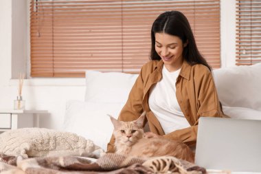 Dizüstü bilgisayarı ve sevimli Maine Coon kedisi olan güzel genç bir kadın evde yatakta oturuyor.