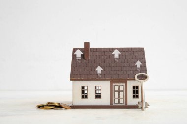 Beyaz arka planda parası ve anahtarı olan bir ev figürü. Artan fiyat kavramı