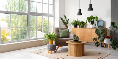 Interior of living room with green plants, table and armchair