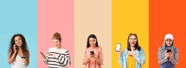 Renkli arka planda cep telefonu olan bir grup kadın