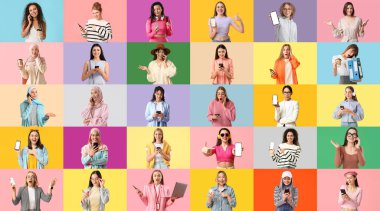 Renkli arka planda cep telefonu olan bir sürü kadın