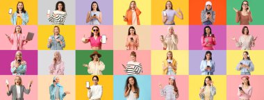 Renkli arka planda cep telefonu olan birçok kadının kolajı