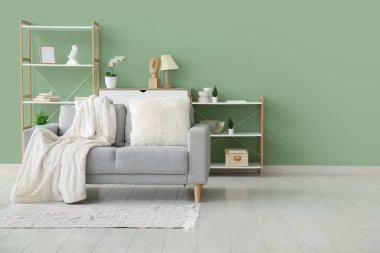 Kanepe, ekose ve yastıklı modern oturma odası.