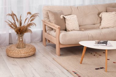 Rahat kanepesi ve sehpası olan şık bir oturma odası.