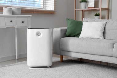 Oturma odasındaki gri kanepenin yanında modern hava temizleyici var.