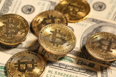 Dolar banknotları üzerinde birçok bitcoin, yakın plan