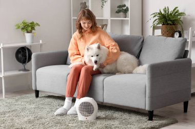 Samoyed köpeğiyle evdeki elektrikli vantilatör ısıtıcısının yanında ısınan genç kadın.