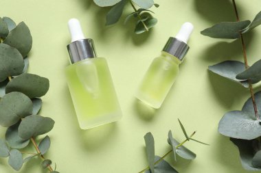 Yeşil arka planda gerekli yağ ve okaliptüs dalları şişeleri, yakın plan