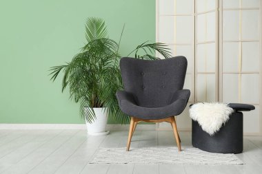 Koltuk, saksı, pouf ve katlanan ekran yeşil duvarın yanında.