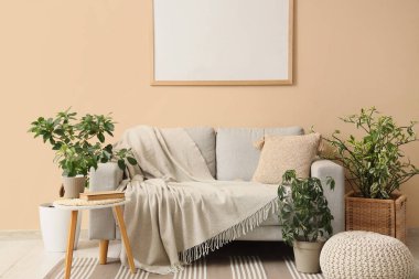 Oturma odasının içinde ekose yastıklı ve çiçekli bir kanepe.