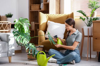 Evdeki Monstera bitkisine su püskürten güzel genç bir kadın.