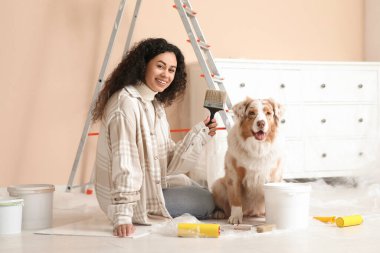 Fırçalı mutlu Afro-Amerikan ressam ve yeni evdeki tamirat sırasında oturan sevimli Avustralyalı çoban köpeği.