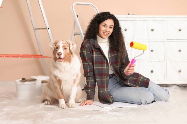 Yeni evdeki tamirat sırasında tatlı Avustralyalı çoban köpeği ve tekerlekli sandalyesi olan mutlu Afro-Amerikan ressam.