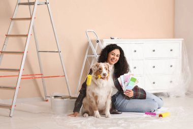 Palet örnekleriyle mutlu Afro-Amerikalı kadın ressam ve yeni evdeki tamirat sırasında oturan tatlı Avustralya çoban köpeği.