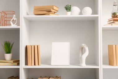 Kitaplı raflar, boş çerçeve ve şık dekorlar, yakın plan