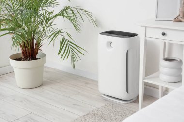 Yatak odasındaki ışık duvarının yanında modern hava temizleyici ve palmiye ağacı var.