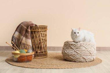 Sevimli beyaz kedi bej duvarın yanında iplik ve ekoseyle pouf üzerinde yatıyor.