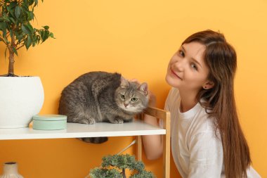 Turuncu duvarın arkasında sevimli gri kedisi olan genç bir kadın.
