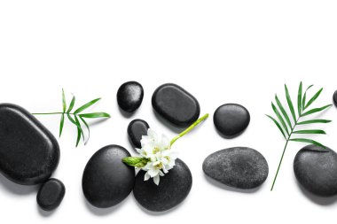 Beyaz arka planda siyah spa taşları, palmiye yaprakları ve çiçekli kompozisyon