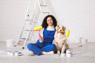 Üniformalı mutlu Afro-Amerikan ressam ve evde tamir sırasında oturan sevimli Avustralyalı çoban köpeği.