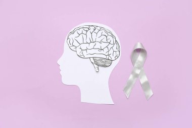 Beyni ve mor arka planda gri farkındalık kurdelesi olan kağıt insan kafası. Kanser kavramı