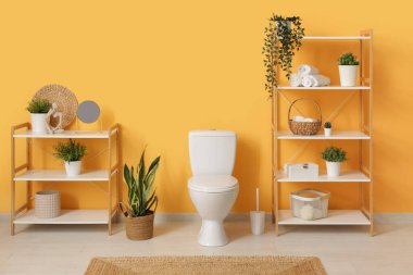 Ev bitkileri ve turuncu duvarın yanında seramik klozeti olan şık bir banyo.