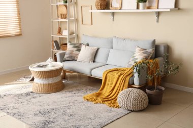 Şık bir oturma odası, rahat bir kanepe, sehpa, raflar ve çiçekli.