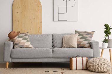 Gri kanepeli, yastıklı, çiçekli ve resimli aydınlık oturma odasının içi.