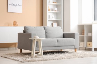 Bej duvarın yanındaki gri kanepeli, aydınlık oturma odasının içi.