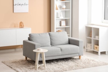 Bej duvarın yanındaki gri kanepeli, aydınlık oturma odasının içi.