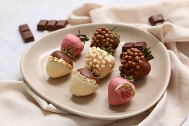 Çikolata kaplı çilek beyaz arka plan üzerinde plaka