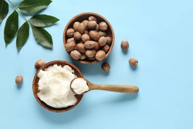 Mavi arka planda fındıklı bir kase dolusu Shea yağı.