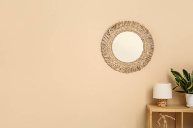 Raflar, saksı, lamba ve aynalı modern oturma odası.