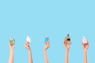 Mavi arka planda parfüm şişeleri olan kadın elleri.