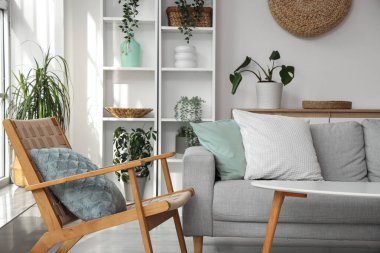 Kanepe, koltuk ve yeşil bitkilerle aydınlık oturma odasının içinde.