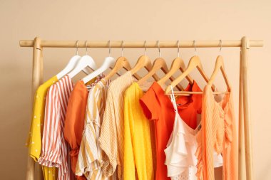 Soyunma odasında şık kıyafetlerle dolu raflar. Yakın çekim.