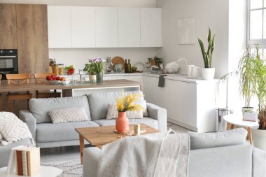 Açık uzay stüdyosunun içinde mutfak ve oturma odası olan bir daire.