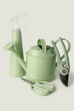 Beyaz arkaplanda atomlaştırıcı, çiçek makası ve secateurs ile sulama kutusu