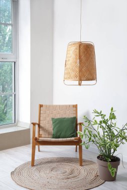 Ahşap sandalyeli ve bitkili oturma odasının içinde.