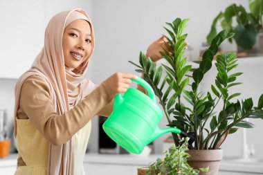 Mutfaktaki çiçekleri sulayan tesettürlü güzel Asyalı kadın.