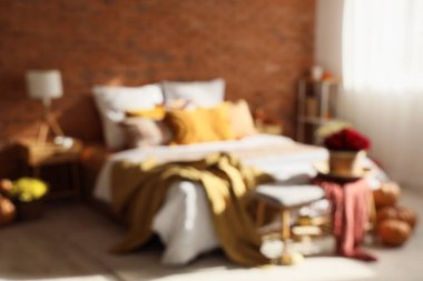 Kasımpatı çiçekleri ve balkabaklarıyla sıcacık yatak odasının bulanık görüntüsü