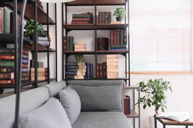 Kitap rafları, şık bir kanepe ve sehpası olan modern ev kütüphanesi.