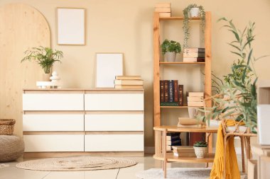 Kitaplı raf ünitesi, dekoratif zeytin ağacı ve oturma odasının iç tarafındaki çekmeceler.