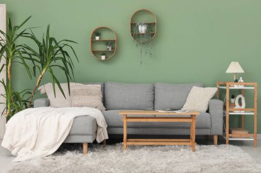 Oturma odasının iç tarafında rahat bir kanepe, çiçek ve kahve masası.